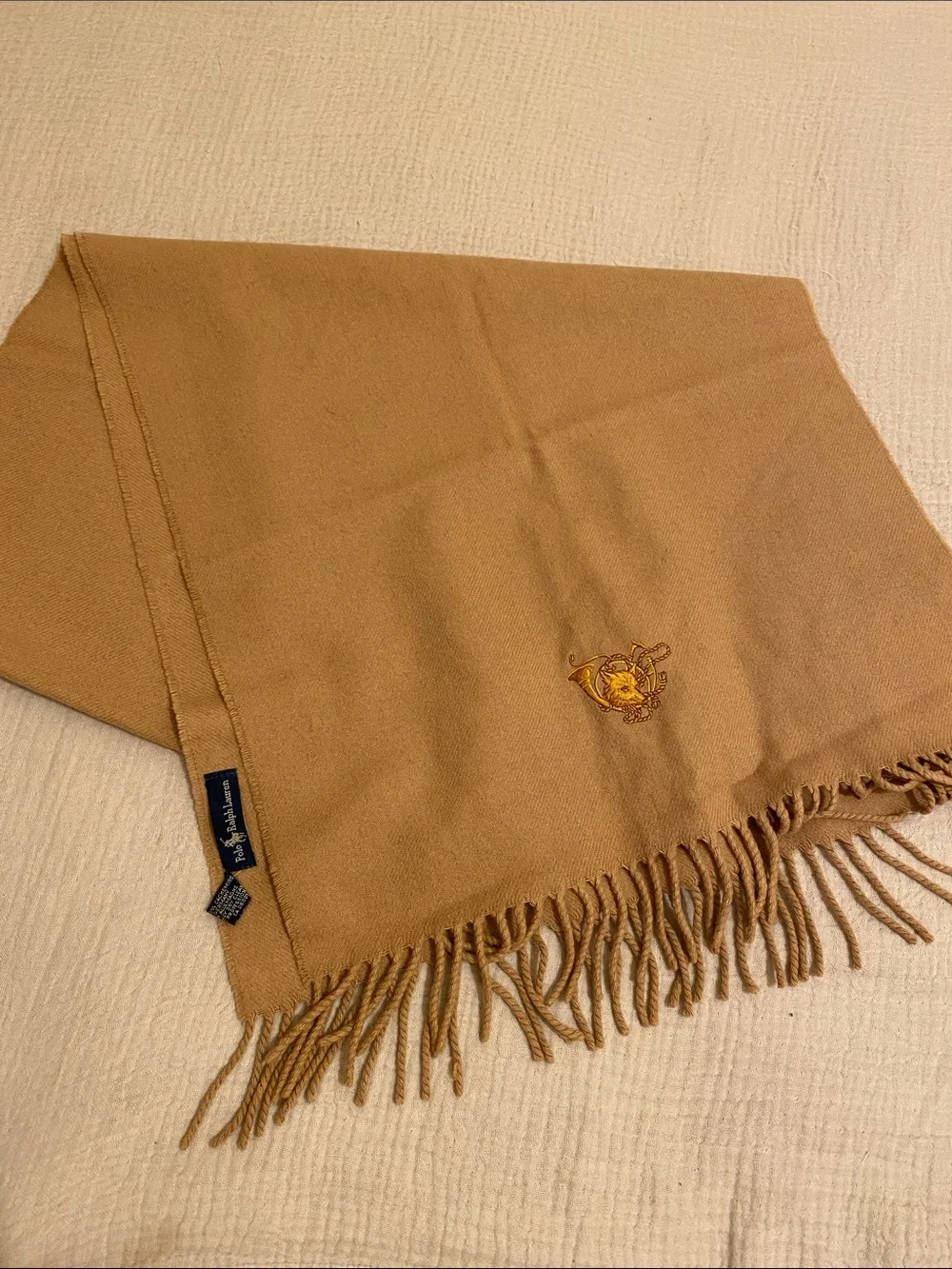 Polo by Ralph Lauren Cashmere Tan Fringed Wool Scarf with Embroidered Crest